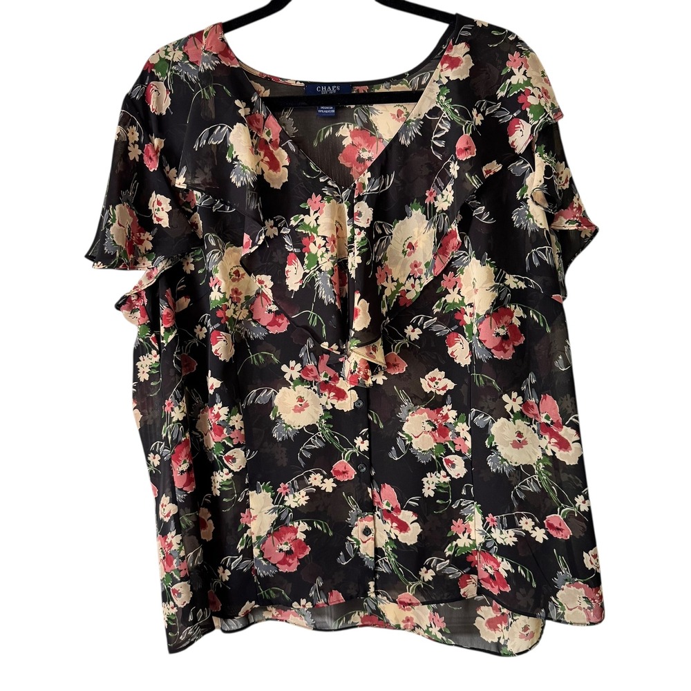 Chaps Floral Ruffle Blouse Sheer Top Elegant Party Black Pink 2X - Picture 6 of 7